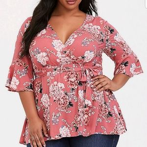 Pink floral challis surplice babydoll blouse